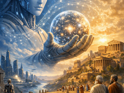Futuristic AI figure holding a glowing orb beside an ancient city of philosophers, connected by a bridge under a blended cosmic and sunrise sky.