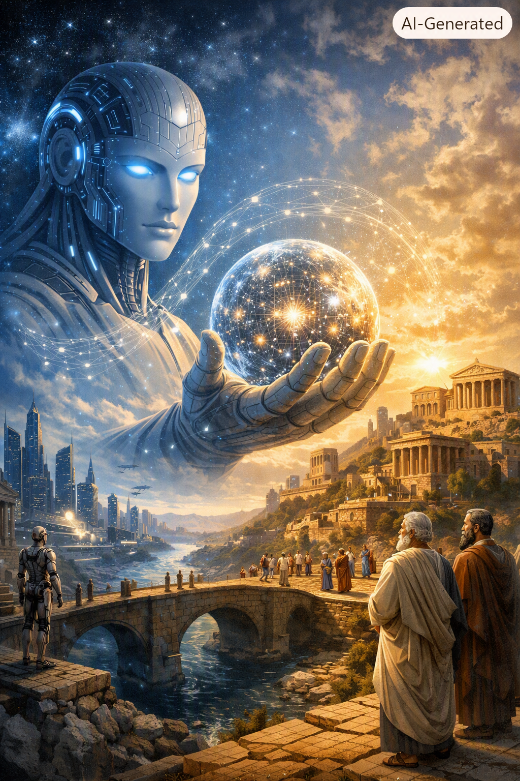 Futuristic AI figure holding a glowing orb beside an ancient city of philosophers, connected by a bridge under a blended cosmic and sunrise sky.