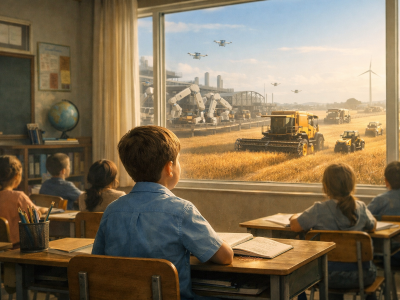 A young boy sits at a desk in a neatly ordered classroom, gazing out a large window. Outside, golden fields are harvested by self-driving machines, drones hover above, and robotic arms work in distant factories. Inside, children continue their lessons, while beyond the glass the world operates without human labour. The image contrasts traditional education with an automated future.