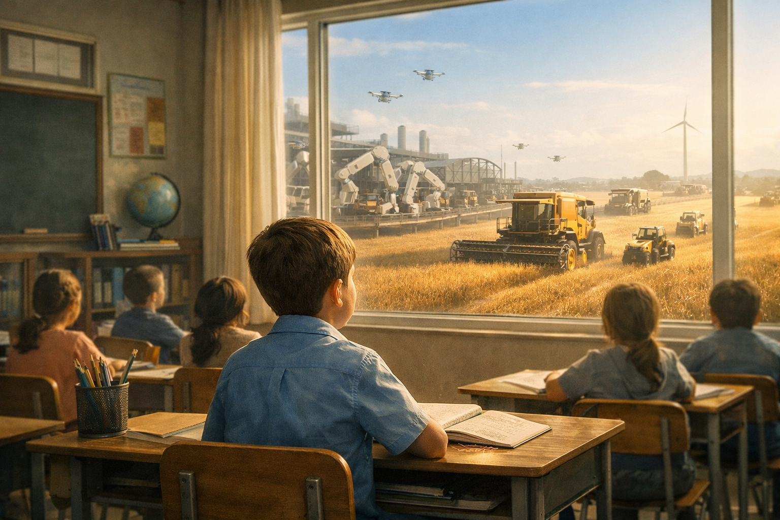 A young boy sits at a desk in a neatly ordered classroom, gazing out a large window. Outside, golden fields are harvested by self-driving machines, drones hover above, and robotic arms work in distant factories. Inside, children continue their lessons, while beyond the glass the world operates without human labour. The image contrasts traditional education with an automated future.