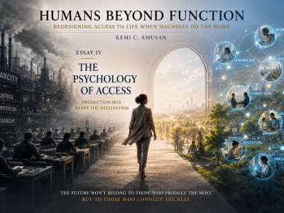 Editorial cover image for Humans Beyond Function: Redesigning Access to Life When Machines Do the Work, Essay IV, The Psychology of Access, by Kemi C. Amusan. A woman walks from a dark industrial landscape marked “Scarcity,” “Control,” “Competition,” and “Hierarchy” toward a bright, connected future representing information, knowledge, opportunity, connection, healthcare, education, and innovation. The image includes the phrase “Production Was Never the Destination.”