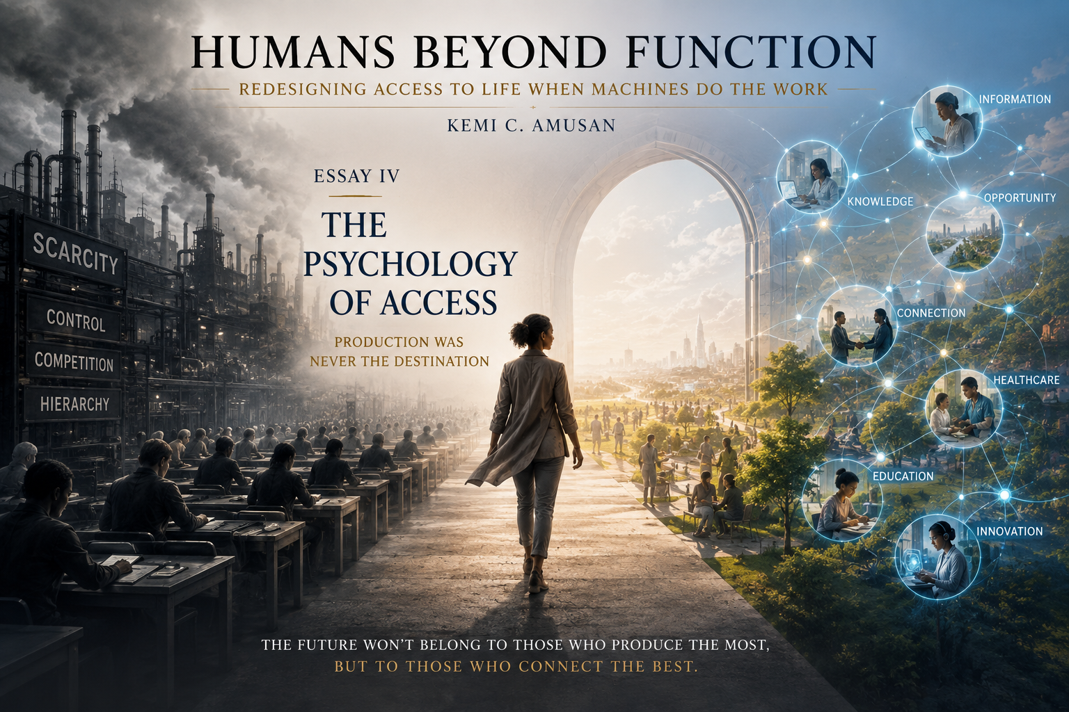 Editorial cover image for Humans Beyond Function: Redesigning Access to Life When Machines Do the Work, Essay IV, The Psychology of Access, by Kemi C. Amusan. A woman walks from a dark industrial landscape marked “Scarcity,” “Control,” “Competition,” and “Hierarchy” toward a bright, connected future representing information, knowledge, opportunity, connection, healthcare, education, and innovation. The image includes the phrase “Production Was Never the Destination.”
